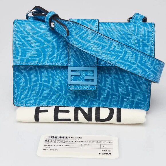Fendi Cyber Blue Glazed Fabric FF Vertigo Baguette Belt Pouch Bag - Picture 10 of 10